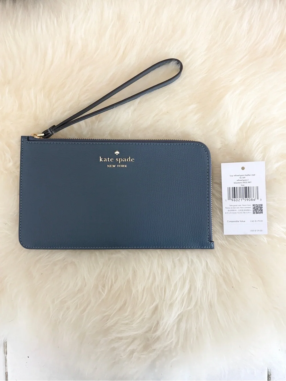 Kate Spade Lucy Refined Grain Leather Zip Wristlet Bluestone